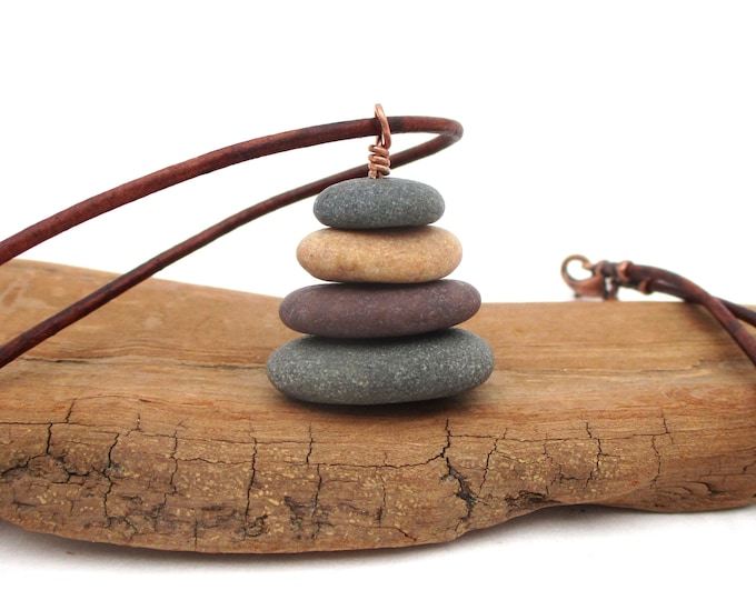 Featured listing image: Colorful Lake Superior Beach Pebble Cairn Pendant - Nature-Inspired Handmade Jewelry on Leather Cord