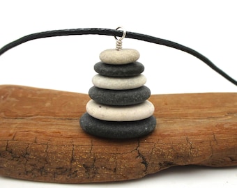 Zen Style Long Length Lake Michigan Raw Stone Necklace, Adjustable Pebble Cairn Pendant with Gift Box and Card, Meaningful Gift for Her