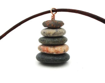 Pebble Necklace with 20 Inch Leather Cord, Lake Superior Raw Stone Cairn Pendant, Natural Beach Tumbled Stone, Nature Inspired Jewelry