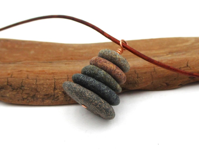 Featured listing image: Beach Pebble Cairn Pendant with 22 Inch Leather Cording from Lake Superior, Unique Nature Inspired Handmade Jewelry from Michigan