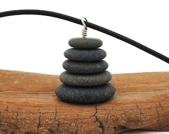 Zen Five Pebble Pendant, 20 Inch Pebble Cairn Pendant Necklace with Leather Cording, Nature Inspired Jewelry, Raw Stacked Stone Pendant