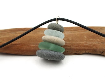Pebble and Beach Glass Cairn Necklace with 22 Inch Leather Cording, Unique Nature Inspired Jewelry for Her, Lakes Michigan and Superior
