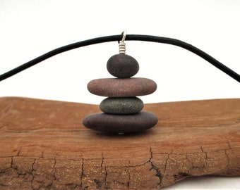 Inukshuk Pendant Necklace, Lake Superior Beach Stone Pebble Inuksuk Style Cairn Choker Pendant with 18 Inch Leather Cording