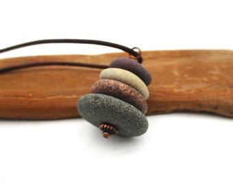 Pebble Necklace with 22 Inch Leather Cording, Gift Box and Informational Card, Lakes Michigan and Superior, Raw Stone Cairn Beach Jewelry