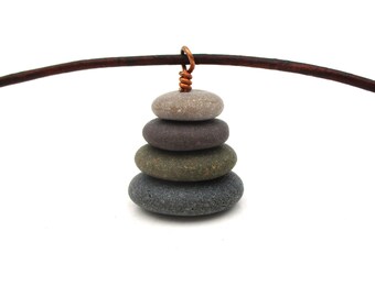 Lakes Michigan and Superior Stacked Raw Stone Necklace, Pebble Cairn Pendant with 20 Inch Leather Cording and Gift Box & Informational Card