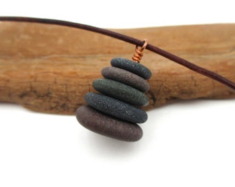 Beach Pebble Cairn Pendant with 20 Inch Leather Cording from Lake Superior, Natural Raw Stone Necklace, Unique Nature Inspired Gift