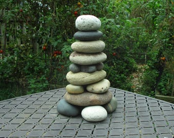 Meditative Beach Rock Cairn Sculpture: Lake Superior & Michigan Restackable Beach Stones for Small Garden Spaces