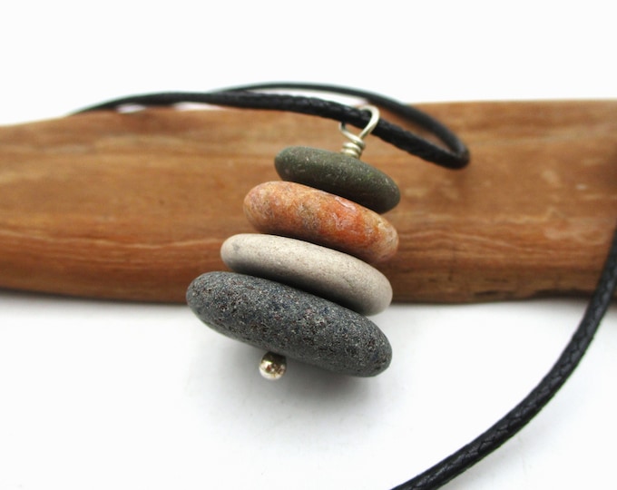 Featured listing image: Long Length Lake Michigan Raw Stone Necklace, Adjustable Pebble Stack Cairn Pendant with Gift Box and Card, Nature Inspired Jewelry