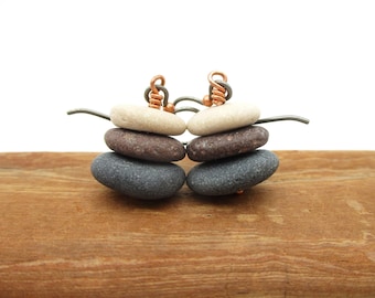 Pebble Cairn Earrings with Hypo-allergenic Niobium Ear Wires, Nature Inspired Beach Jewelry from Lake Michigan and Lake Superior