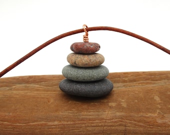 Colorful Pebble Cairn Pendant from Lake Superior with 20 Inch Leather Cord, Pebble Necklace, Unique Gift For Her