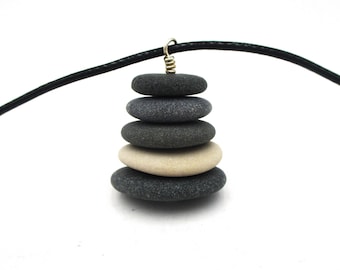 Stacked Beach Pebble Pendant with Long Length Adjustable Waxed Polyester Cording from Lake Michigan, Nature Inspired Raw Stone Cairn Jewelry