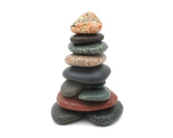 Handcrafted Stone Cairn Trail Marker with Beach Glass - Lake Superior Rocks - Zen Meditation Sculpture - #210 in Series