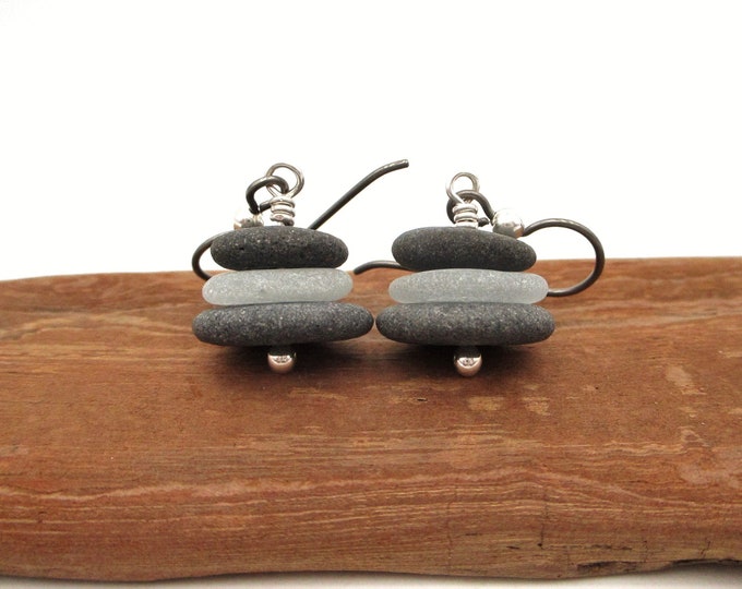 Featured listing image: Pebble and Beach Glass Cairn Earrings, Lake Michigan and Superior Raw Stone Earrings, Hypo-allergenic Niobium Ear Wires with Sterling Silver