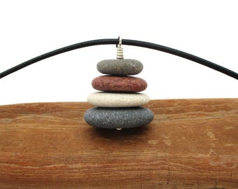 Colorful Lake Michigan and Superior Beach Pebble Cairn Pendant Necklace with 20 Inch Leather Cording and Sterling, Raw Beach Stone Necklace