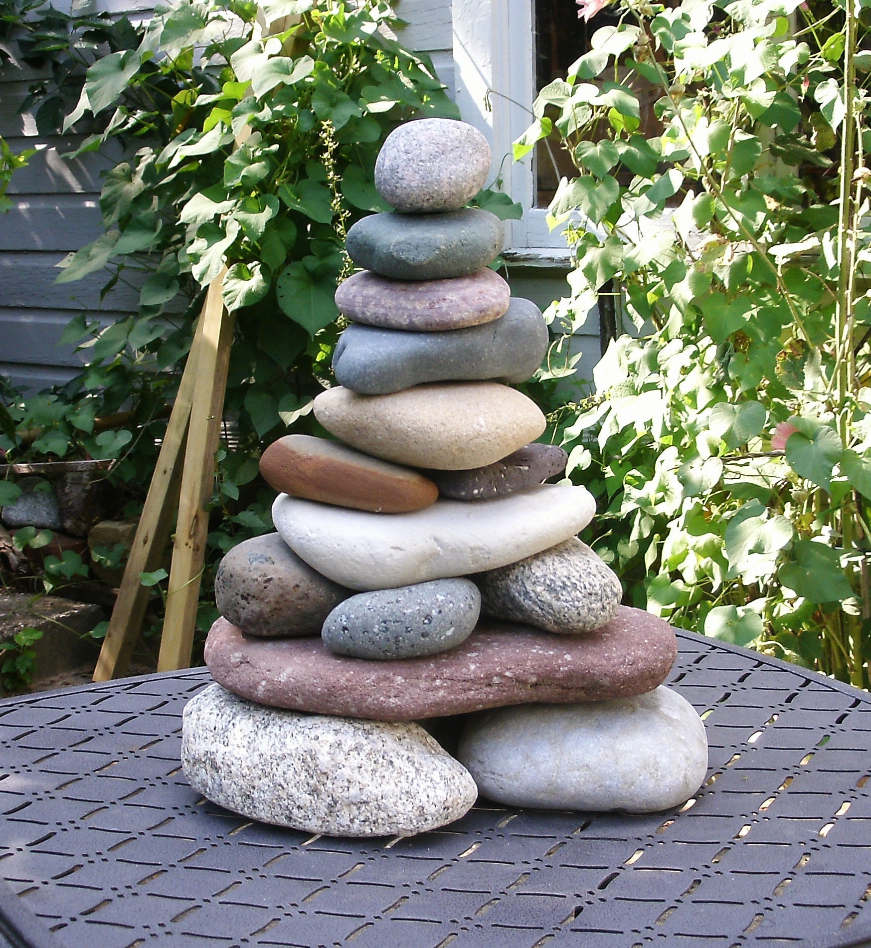 Large Garden Cairn from Lake Michigan & Superior Beach Stones, Re-stackable Rock Cairn, Stacked ...