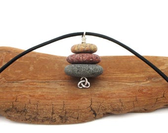 Celtic Trinity Cairn Pendant with Lake Superior Pebbles, 20 Inch Leather Cording with Sterling Silver Irish Love Knot, Spring Rebirth