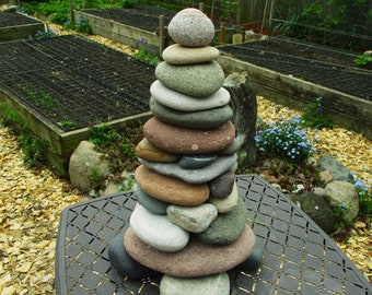 Large Meditative Beach Stone Garden Cairn, Re-Stackable Lake Michigan & Lake Superior Beach Rock Cairn, Unique Garden Art Centerpiece