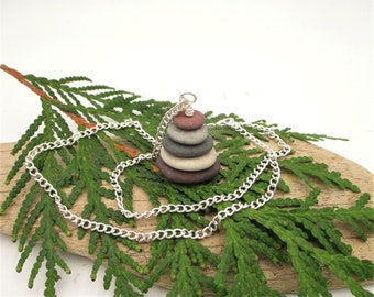 Pebble Cairn Necklace with 17 Inch Silver Chain and Gift Box, Lakes Michigan and Superior, One of a Kind Handmade Raw Stone Cairn Pendant