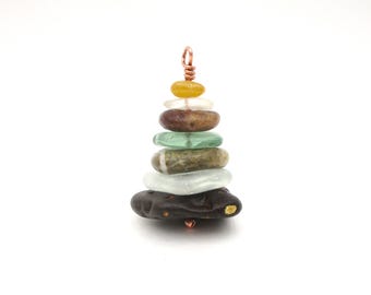 Lake Michigan & Superior Beach Stone and Glass and Cairn Ornament - Handmade Nature Inspired Gift