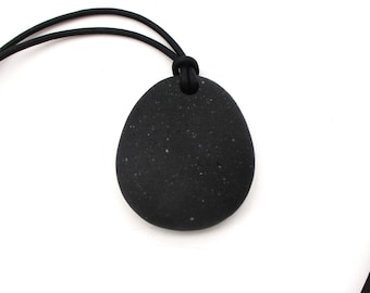 Raw Stone Teardrop Pendant Necklace from Lake Superior with 20 Inch Black Leather Cording, Minimalist Beach Stone Necklace