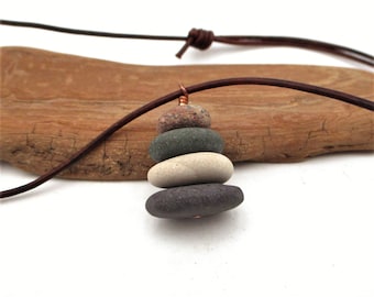 Lakes Michigan and Superior Stacked Raw Stone Necklace, Pebble Cairn Pendant with Adjustable Leather Cording, Gift Box and Card