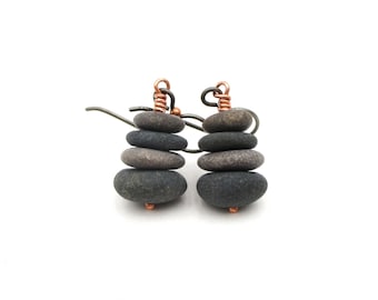 Stacked Pebble Cairn Earrings from Lake Michigan, Hypoallergenic Copper and Niobium French Earwires, Natural and Sustainable Jewelry