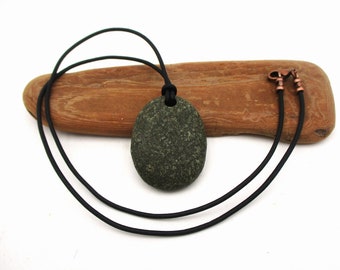 Lake Michigan Beach Stone Pendant Necklace with a 20 Inch Natural Black Leather Cording, Single Mottled Green Raw Stone Pendant