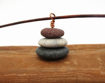 Pebble Cairn Necklace with 17 Inch Leather Cord, Great Lakes Drilled Raw Stone Pendant, Natural Beach Tumbled Stone Jewelry, Card & Gift Box