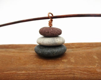 Pebble Cairn Necklace with 17 Inch Leather Cord, Great Lakes Drilled Raw Stone Pendant, Natural Beach Tumbled Stone Jewelry, Card & Gift Box