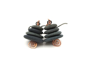 Stacked Pebble Cairn Earrings from Lake Superior with Gift Box, Hypo-allergenic Niobium & Copper French Ear Wires and Fiddlehead Headpin