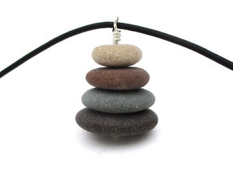 Stacked Pebble Pendant Necklace from Lake Superior with 18 Inch Leather Cording, Natural Raw Beach Stone, Unique Nature Inspired Gift