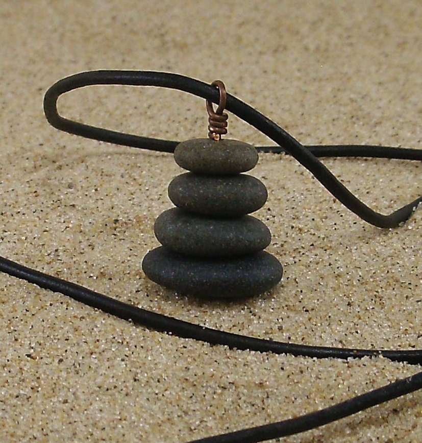 Zen Cairn Necklace with Leather Cording Adjustable to 26 Inches, Lake