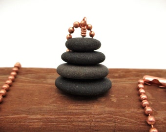 Zen Pebble Necklace with 20 Inch Pure Copper Ball Chain, Lake Michigan Rock Pendant with Gift Box, Stacked Stone Necklace for a Man or Woman
