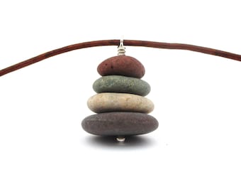 Colorful Lake Superior Pebble Cairn Necklace - Four Stone Pendant - Brown Leather Cord - Earthy Boho Jewelry