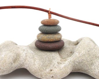 Lake Superior Pebble Cairn Necklace - 18 Inch Leather Cord - Copper Stone Pendant - Other Lengths Available - Great Lakes Gift