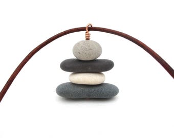 Inukshuk Style Pendant Necklace - Lake Michigan Stone Jewelry on 18-inch Leather Cord - Ommetto Steinmann