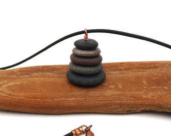 Stacked Pebble Cairn Necklace, Lake Superior 20 Inch Rock Stack Pendant with Gift Box, Natural Raw Stone Necklace for Outdoor Woman
