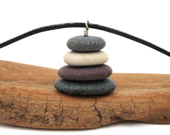 Long Length Pure Michigan Raw Stone Necklace, Adjustable Pebble Stack Cairn Pendant with Gift Box and Card, Nature Inspired Jewelry
