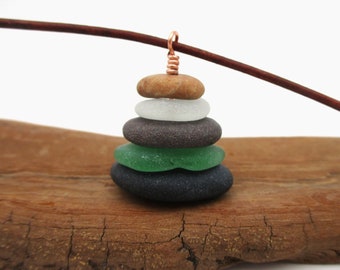 Pebble and Beach Glass Cairn Necklace with 18 Inch Leather Cording, Unique Nature Inspired Jewelry for Her, Lakes Michigan and Superior