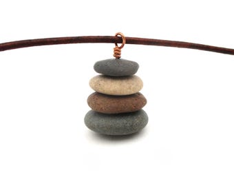 Lake Superior Beach Pebble Cairn Pendant - Natural Raw Stone Necklace with Leather Cord
