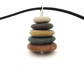 Colorful Five Pebble Cairn Pendant Necklace for Outdoor Woman, 17 Inch Leather Cord with Sterling Silver and Card, Unique Gift for Her