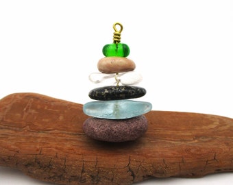 Pure Michigan Stone and Beach Glass Cairn Suncatcher Ornament with Card & Organza Bag, Handmade Nature Inspired Housewarming Gift for Family