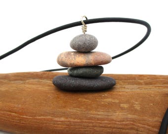Inukshuk Pendant Necklace, Lakes Michigan & Superior Beach Stone Pebble Inuksuk Style Cairn Pendant with Adjustable Leather Cord, Gift Box
