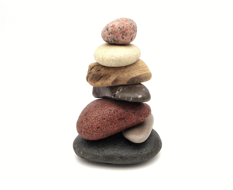 Stone and Driftwood Cairn Stone Cottage Decor Beach Rock Stacks Zen Stone Stack Nature Themed Office Art Pure Michigan Rock Cairn #163
