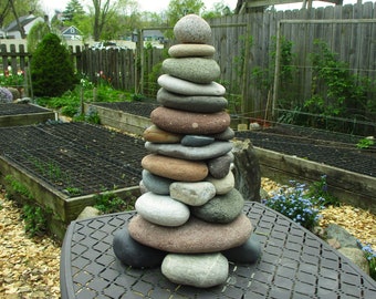 Large Meditative Beach Stone Garden Cairn, Re-Stackable Lake Michigan & Lake Superior Beach Rock Cairn, Unique Garden Art Centerpiece