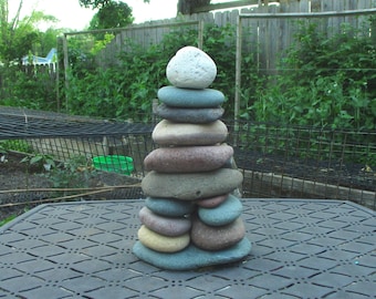 Small Natural Stone Garden Sculpture, Re-Stackable Rock Cairn from Lakes Superior and Michigan, Beach Stone Cairn for Small Garden Space