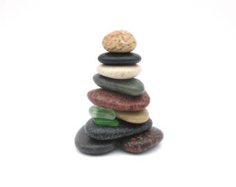 Small Beach Pebble Cairn with Beach Glass: Lakes Michigan & Superior, Nature Inspired Art, #112 in Series