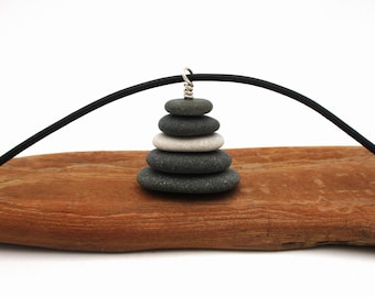 Cairn Necklace with 18 Inch Black Leather Cord & Sterling, Lake Michigan Pebble Pendant with Gift Box, Stacked Stone Pendant, Zen Jewlery
