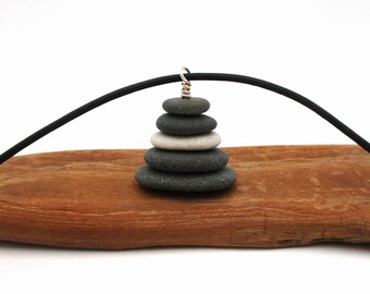 Cairn Necklace with 18 Inch Black Leather Cord & Sterling, Lake Michigan Pebble Pendant with Gift Box, Stacked Stone Pendant, Zen Jewlery