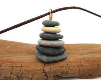 Cairn Necklace with 20 Inch Black Leather Cord & Sterling, Lake Michigan Pebble Pendant with Gift Box, Stacked Stone Pendant, Zen Jewlery